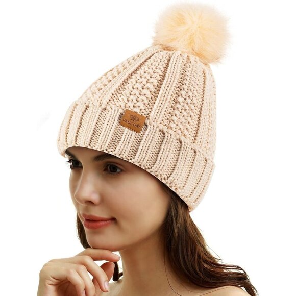 Women\'s Faux Fur Fleece Lined Beige Winter Thick Knit Pom Skull Beanie Hat Cap main image 5